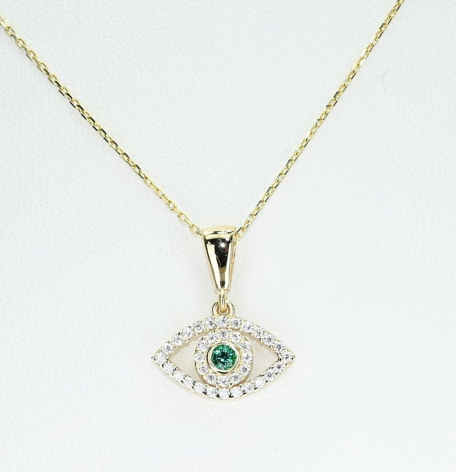 Solid Gold Dainty Emerald Evil Eye Necklace, Real Gold Dainty Eye Pendant For Her, Handmade Fine Jewelry by Selanica