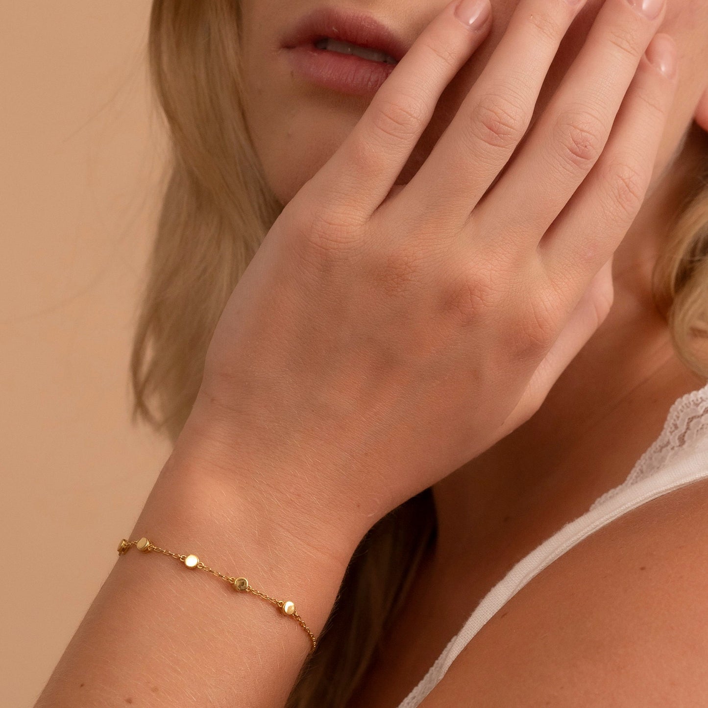 Solid Gold Dainty Disc Bracelet, Real Gold Premium Minimalist Bracelet For Her, Handmade Fine Jewelry by Selanica