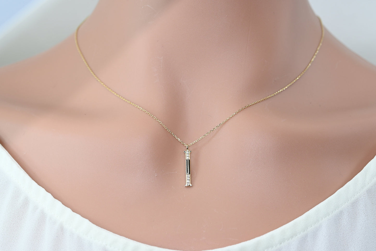 Solid Gold Letter I Moissanite Necklace / Real Gold Unique Design Initial I Pendant / Handmade Fine Jewelry / All Letters Available
