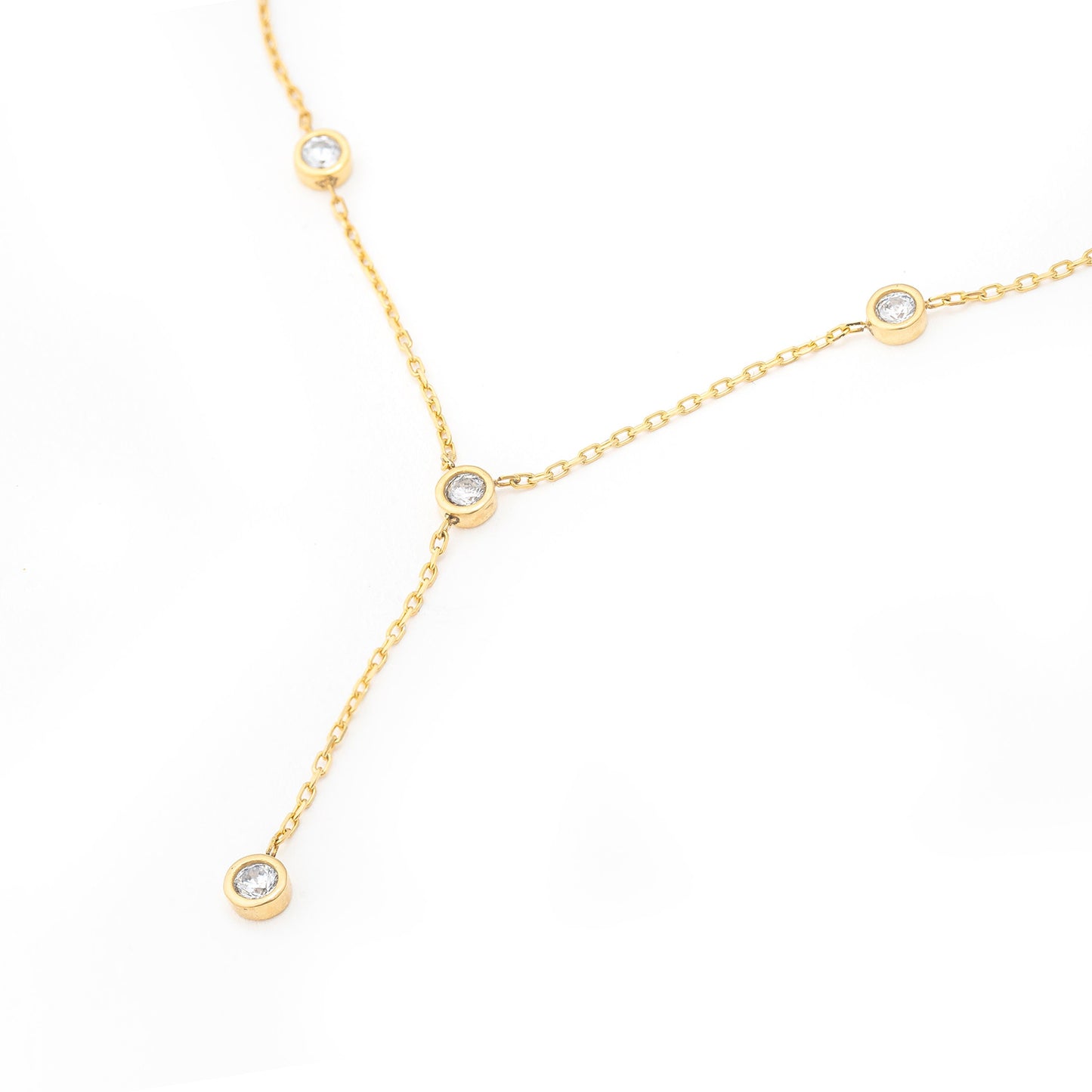 Solid Gold Bezel Lariat Necklace, Real Gold Dainty Y Necklace, Premium Bezel Necklace For Her, Handmade Fine Jewelry by Selanica