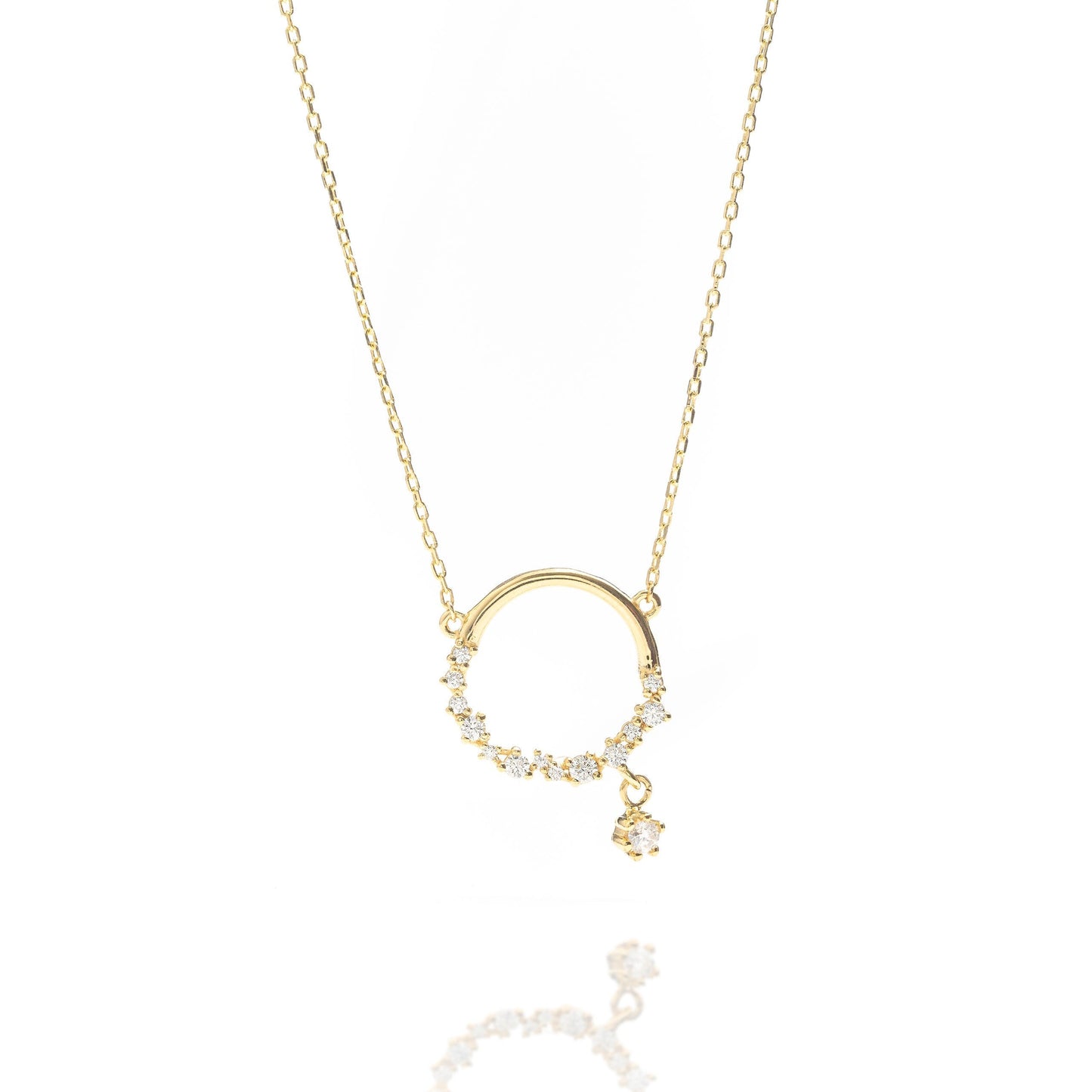 Solid Gold Open Circle Necklace, Floral Design Real Gold Round Necklace, Premium Charm Necklace, Handmade Fine Jewelry by Selanica