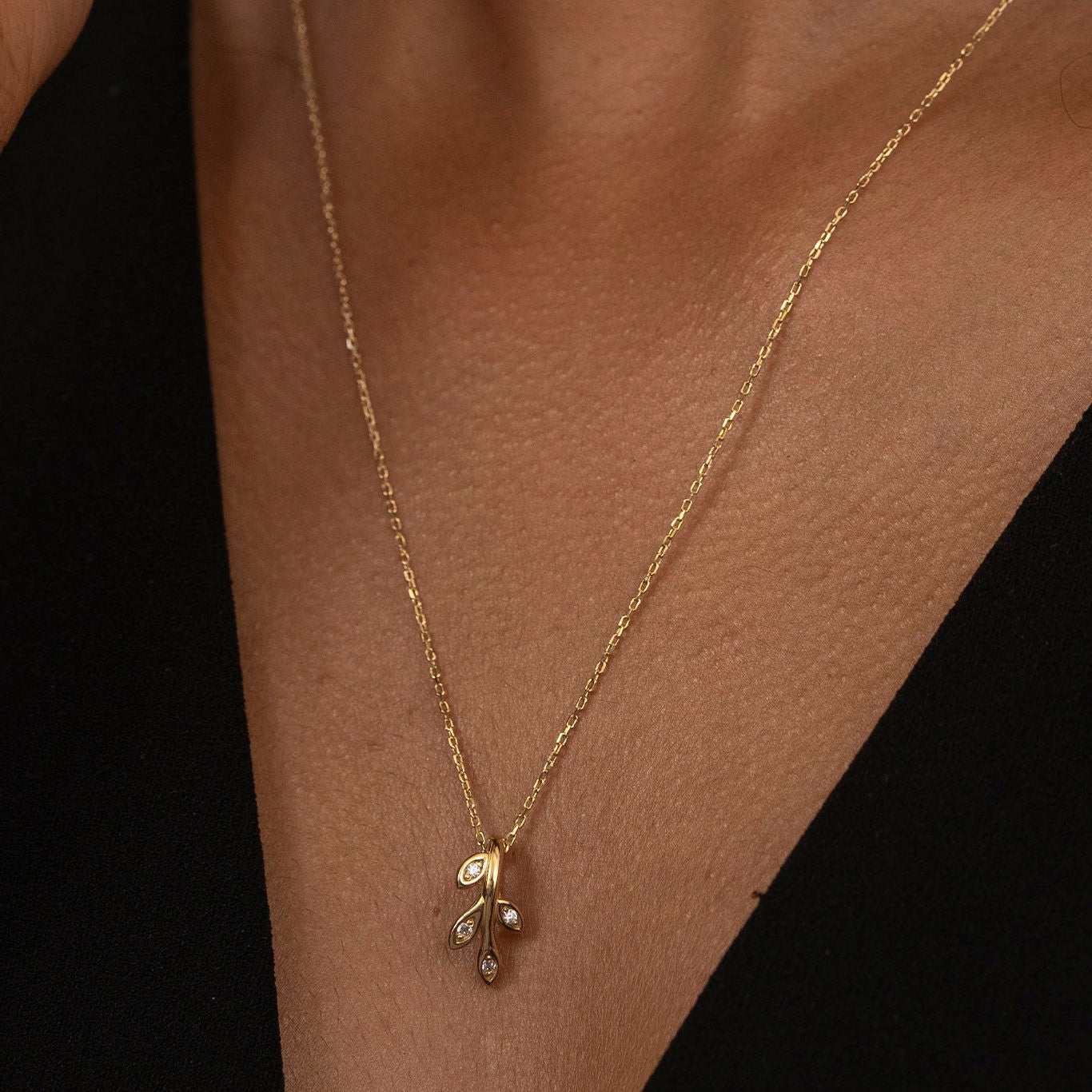 Solid Gold Leaf Necklace, Real Gold Vine Leaf Pendant, Premium Leaf Necklace For Her, Handmade Fine Jewelry by Selanica