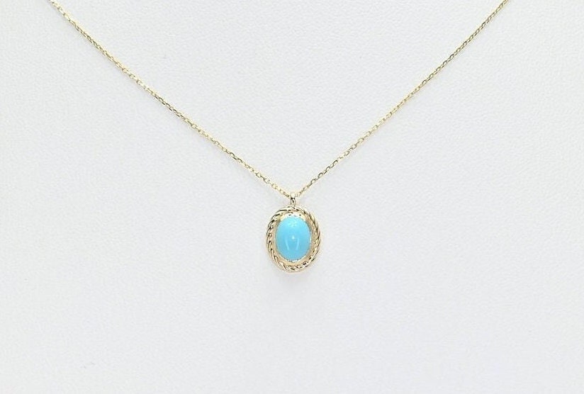 Solid Gold 14k Turquoise Necklace, Retro Pendant, Real Gold Natural Turquoise Charm For Her, Handmade Fine Jewelry by Selanica