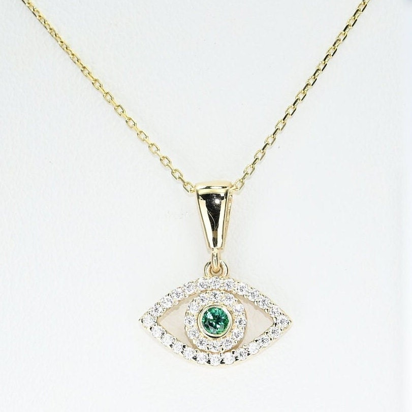 Solid Gold Dainty Emerald Evil Eye Necklace, Real Gold Dainty Eye Pendant For Her, Handmade Fine Jewelry by Selanica