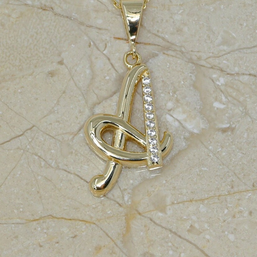 Solid Gold Letter A Moissanite Necklace / Real Gold Unique Design Initial A Pendant / Handmade Fine Jewelry / All Letters Available