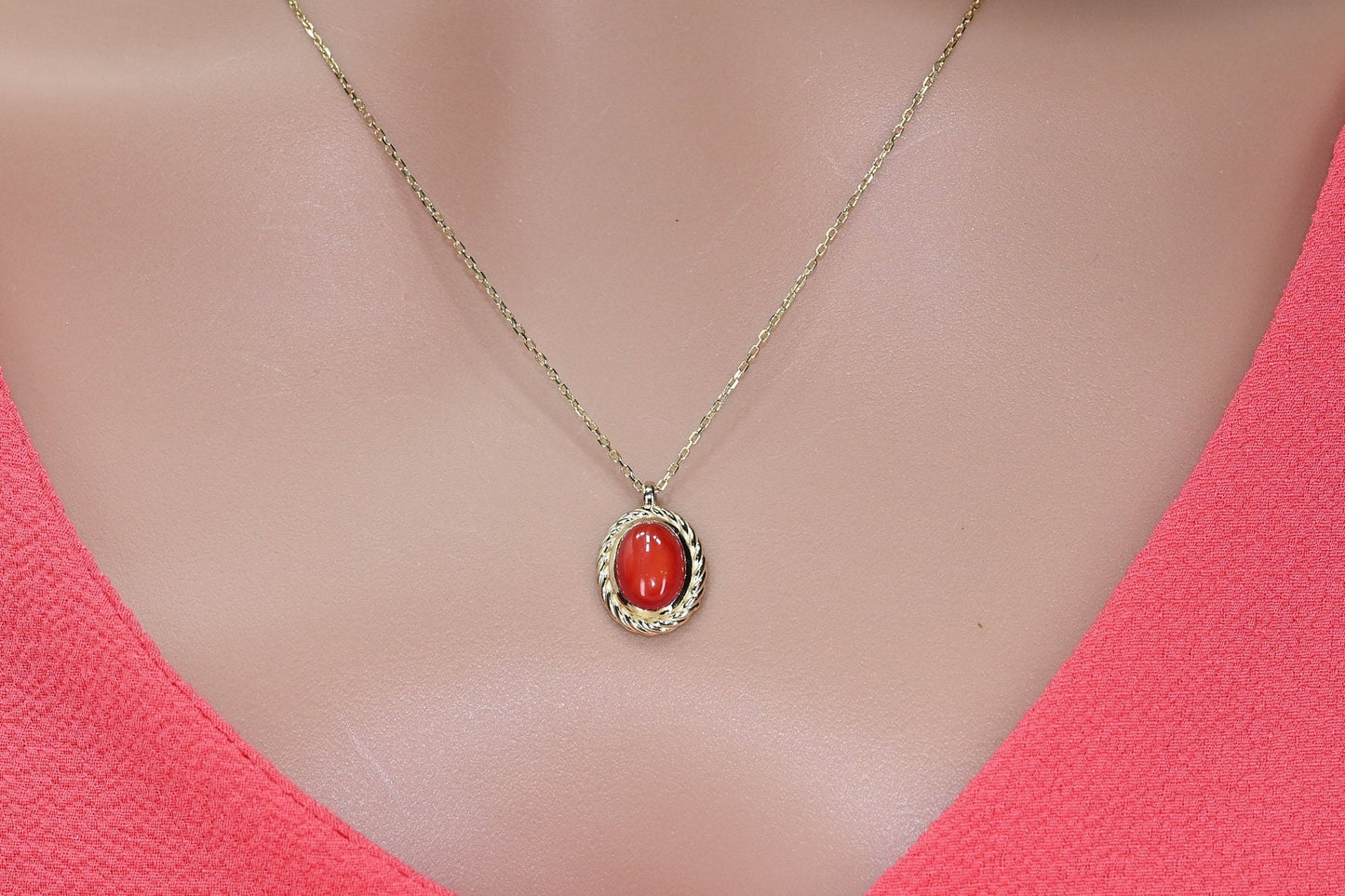 Solid Rose Gold Coral Retro Necklace, Real Gold Natural Coral Charm, Premium Pendant For Her, Handmade Fine Jewelry by Selanica