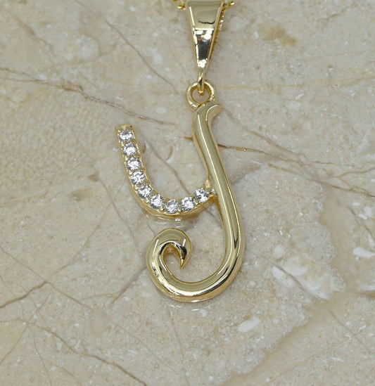 Solid Gold Letter Y Moissanite Necklace / Real Gold Unique Design Initial Y Pendant / Handmade Fine Jewelry  /  All Letters Available