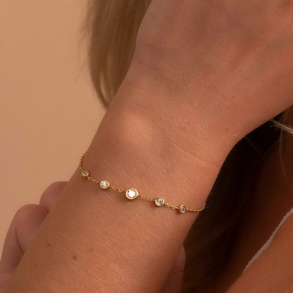 Solid Gold Bezel Bracelet, Real Gold Premium Five Stone Bracelet For Her, Handmade Fine Jewelry by Selanica
