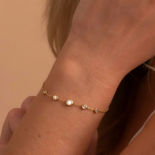 Solid Gold Bezel Bracelet, Real Gold Premium Five Stone Bracelet For Her, Handmade Fine Jewelry by Selanica