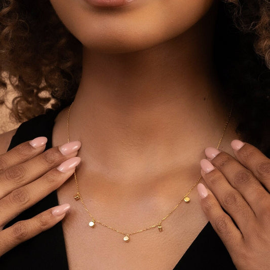 Solid Gold Seven Charm Necklace, Real Gold Dainty Round Button Necklace, Premium Disc Necklace, Handmade Fine Jewelry by Selanica