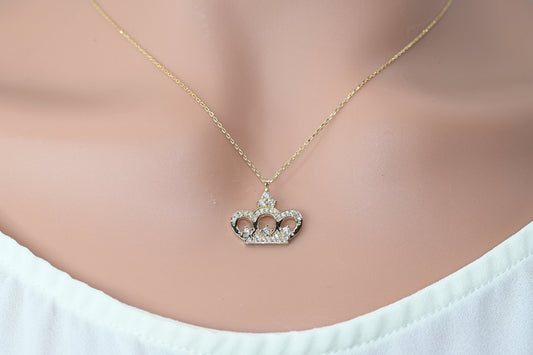 Solid Gold Crown Necklace / Real Gold Crown Pendant / Charm Necklace / Handmade Fine Jewelry For Her