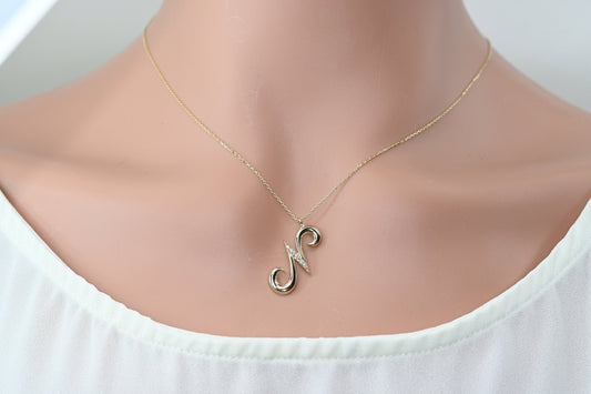Solid Gold Letter N Moissanite Necklace / Real Gold Unique Design Initial N Pendant / Handmade Fine Jewelry  /  All Letters Available