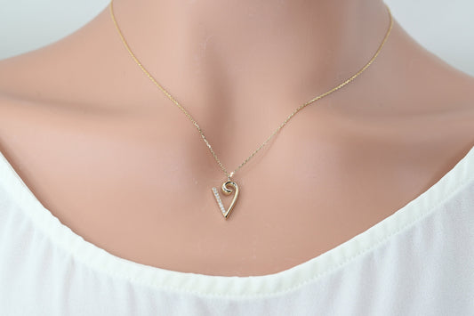 Solid Gold Letter V Moissanite Necklace / Real Gold Unique Design Initial V Pendant / Handmade Fine Jewelry  /  All Letters Available