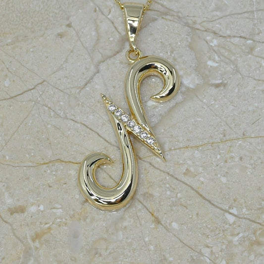 Solid Gold Letter N Moissanite Necklace / Real Gold Unique Design Initial N Pendant / Handmade Fine Jewelry  /  All Letters Available