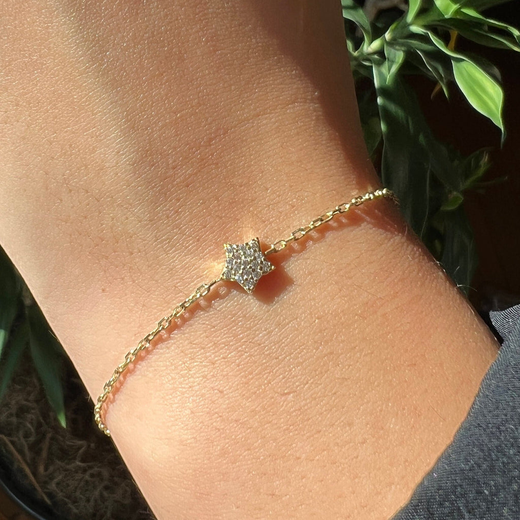 Gold Dainty Star Bracelet, Solid Gold Chain Bracelet, Real Gold Celestial Bracelet For Her, Handmade Fine Jewelry by Selanica