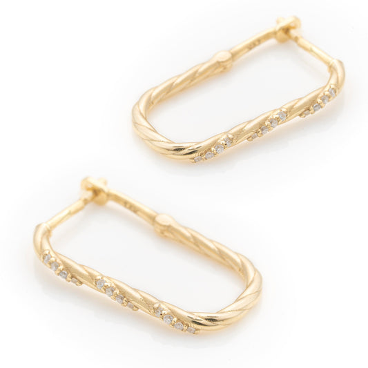 Solid Gold Rectangular Hoop Earrings, Twisted Rope Premium Moissanite Pair of Hoops, Handmade Fine Jewelry By Selanica