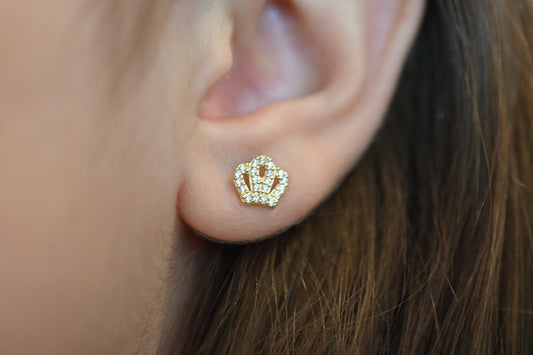 Solid Gold Dainty Crown Earrings / Real Gold Queen Pair of Earrings For Her / Handmade Fine Jewelry By Selanica