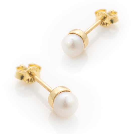 Solid Gold Dainty Pearl Studs, Real Gold Natural Pearl Pair of Earrings For Her, Premium Handmade Fine Jewelry By Selanica