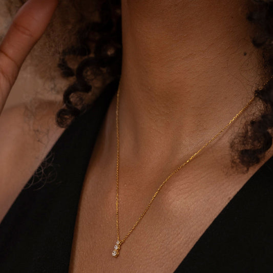 Solid Gold Dainty Three Stone Necklace, Real Gold Dainty Drop Necklace, Premium Necklace For Her, Handmade Fine Jewelry by Selanica