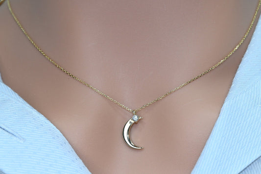 Solid Gold Dainty Moon Necklace / Real Gold Premium Crescent Pendant  /  Moon Star Necklace For Her / Handmade Fine Jewelry by Selanica