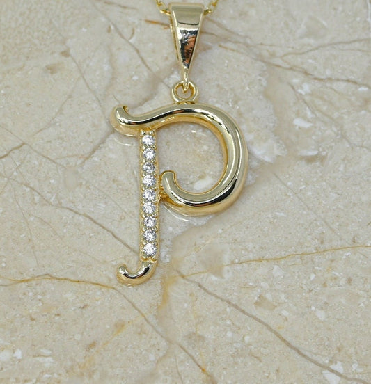 Solid Gold Letter P Moissanite Necklace / Real Gold Unique Design Initial P Pendant / Handmade Fine Jewelry  /  All Letters Available