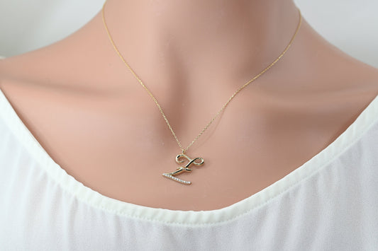 Solid Gold Letter Z Moissanite Necklace / Real Gold Unique Design Initial Z Pendant / Handmade Fine Jewelry  /  All Letters Available