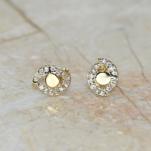 Solid Gold Dainty Eye Earrings / Real Gold Pair of Earrings For Her / Handmade Fine Jewelry By Selanica