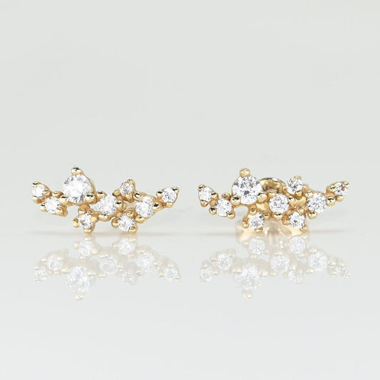 Solid Gold Dainty Cluster Earrings, Real Gold Premium Moissanite Pair of Earrings, Unique Design For Her, Handmade Fine Jewelry By Selanica