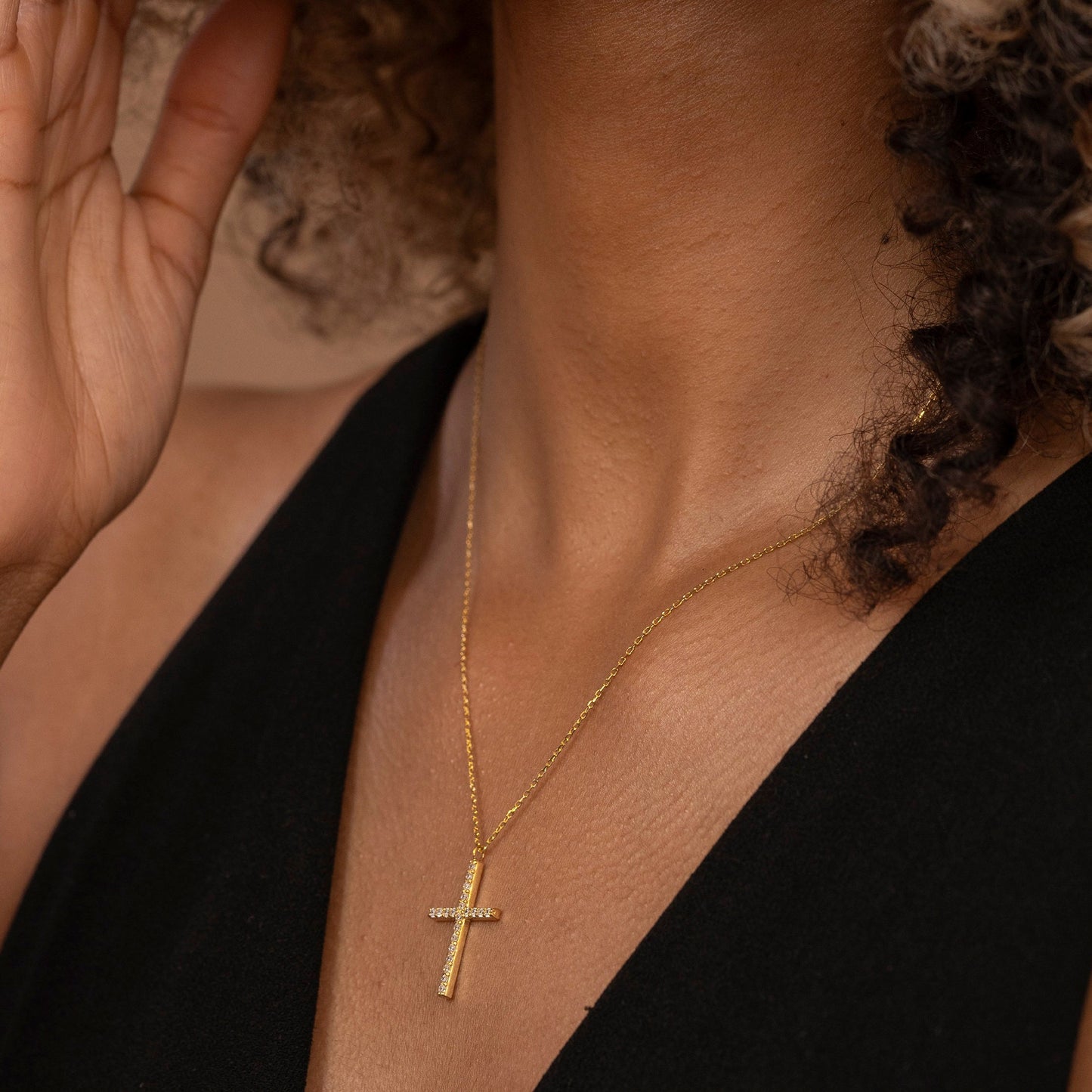 Solid Gold Dainty Cross Necklace, Real Gold Pave Setting Premium Cross Necklace, Handmade Fine Jewelry by Selanica