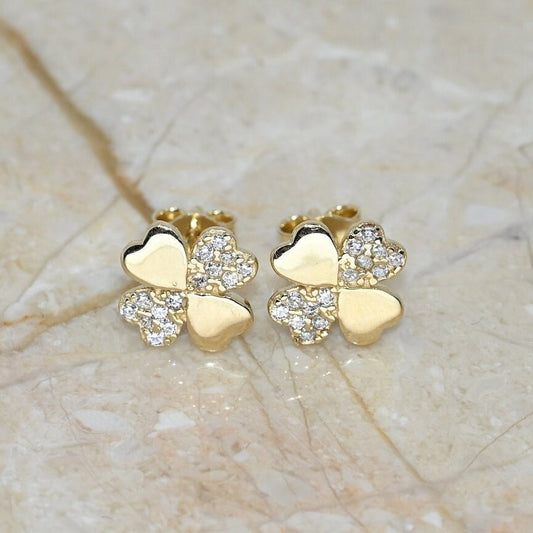 Solid Gold Dainty Clover Earrings / Real Gold Pair of Earrings For Her / Handmade Fine Jewelry By Selanica