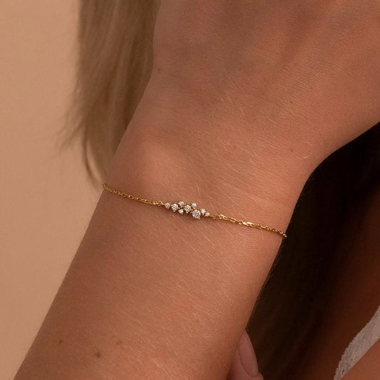 Solid Gold Dainty Cluster Bracelet, Real Gold Premium Chain Bracelet For Her, Handmade Fine Jewelry by Selanica