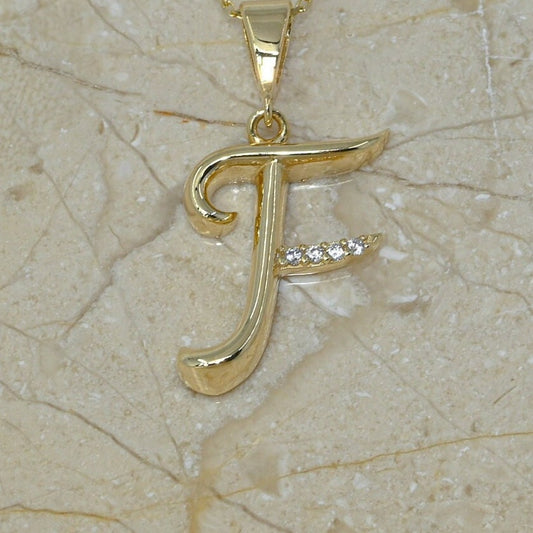 Solid Gold Letter F Moissanite Necklace / Real Gold Unique Design Initial F Pendant / Handmade Fine Jewelry  /  All Letters Available