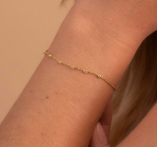 Solid Gold Dainty 6 Stone Bracelet, Real Gold Premium Minimalist Bracelet For Her, Handmade Fine Jewelry by Selanica