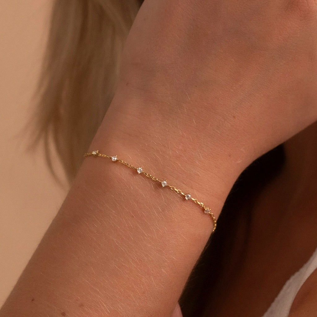 Solid Gold Dainty 6 Stone Bracelet, Real Gold Premium Minimalist Bracelet For Her, Handmade Fine Jewelry by Selanica