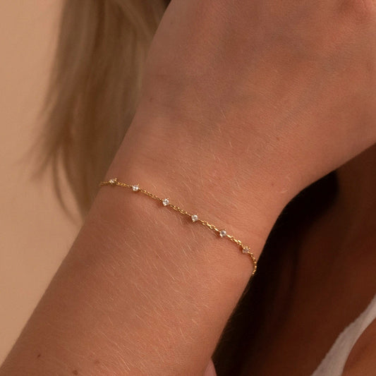 Solid Gold Dainty 6 Stone Bracelet, Real Gold Premium Minimalist Bracelet For Her, Handmade Fine Jewelry by Selanica