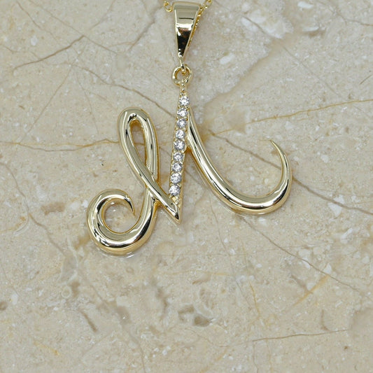 Solid Gold Letter M Moissanite Necklace / Real Gold Unique Design Initial M Pendant / Handmade Fine Jewelry  /  All Letters Available
