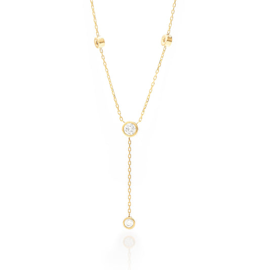 Solid Gold Bezel Lariat Necklace, Real Gold Dainty Y Necklace, Premium Bezel Necklace For Her, Handmade Fine Jewelry by Selanica