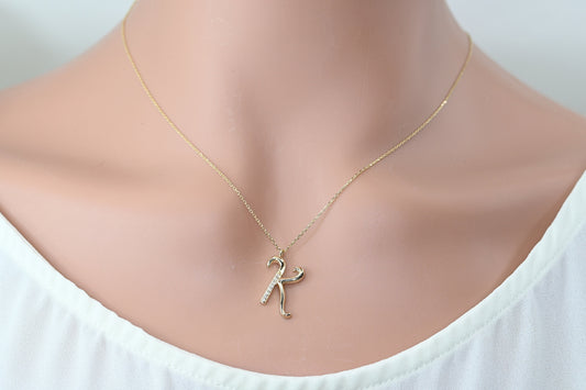 Solid Gold Letter K Moissanite Necklace / Real Gold Unique Design Initial K Pendant / Handmade Fine Jewelry  /  All Letters Available