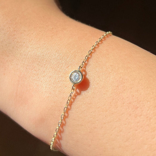 Solid Gold Bezel Bracelet, 14k Dainty Chain Bracelet, Real Gold Premium Moissanite Bracelet For Her, Handmade Fine Jewelry by Selanica