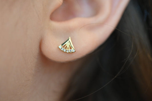 Solid Gold Dainty Fan Earrings / Real Gold Premium Pair of Earrings For Her / Handmade Fine Jewelry By Selanica