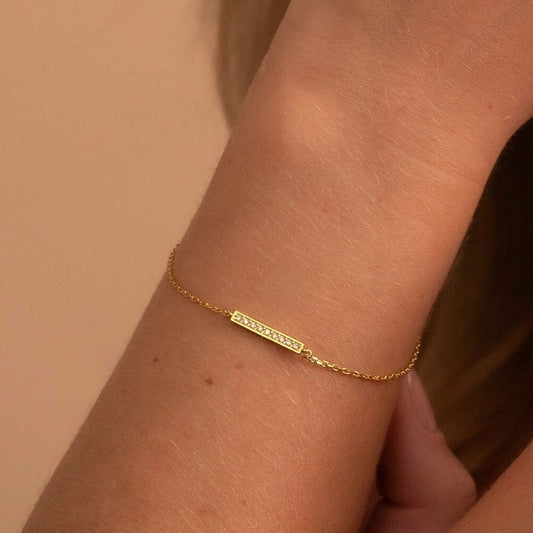 Solid Gold Dainty Bar Bracelet, Real Gold Premium Pave Setting Bracelet For Her, Handmade Fine Jewelry by Selanica