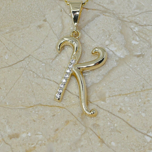 Solid Gold Letter K Moissanite Necklace / Real Gold Unique Design Initial K Pendant / Handmade Fine Jewelry  /  All Letters Available