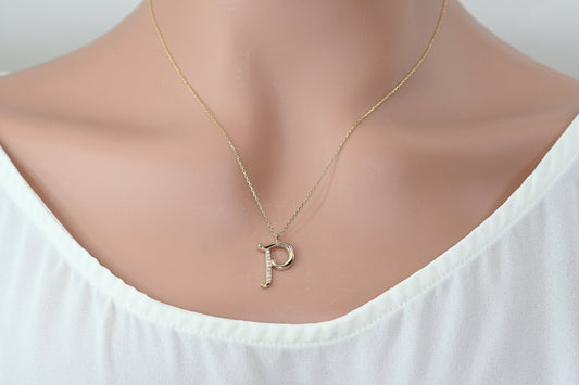 Solid Gold Letter P Moissanite Necklace / Real Gold Unique Design Initial P Pendant / Handmade Fine Jewelry  /  All Letters Available