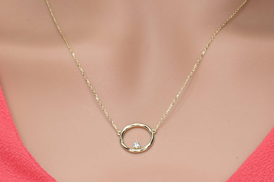 Solid Gold Dainty Open Circle Necklace, Real Gold Round Pendant, 14k Premium Circle Necklace For Her, Handmade Fine Jewelry by Selanica