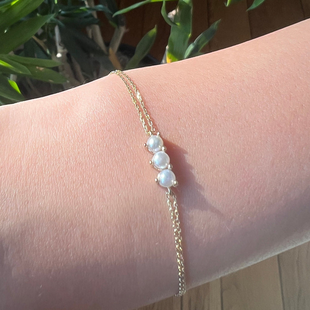 Gold 3 Pearl Bracelet, Solid Chain Bracelet, Real Gold Natural Pearl Bracelet For Her, Handmade Fine Jewelry by Selanica