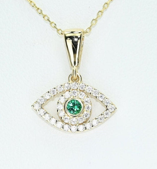 Solid Gold Dainty Emerald Evil Eye Necklace, Real Gold Dainty Eye Pendant For Her, Handmade Fine Jewelry by Selanica