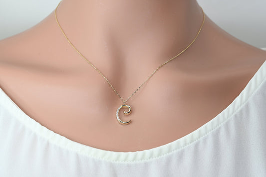 Solid Gold Letter C Moissanite Necklace / Real Gold Unique Design Initial C Pendant / Handmade Fine Jewelry  /  All Letters Available