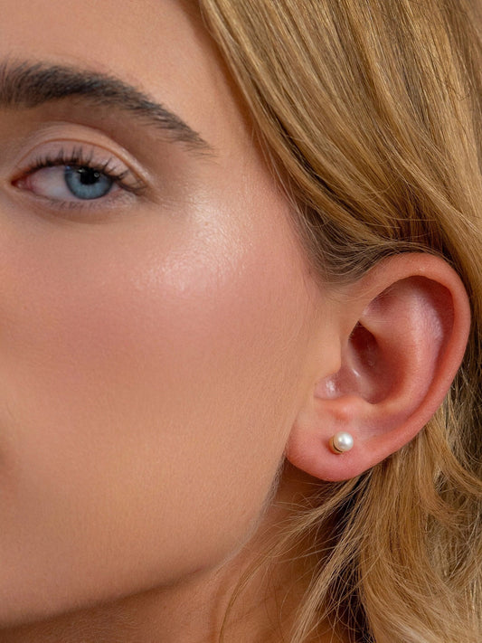 Solid Gold Dainty Pearl Studs, Real Gold Natural Pearl Pair of Earrings For Her, Premium Handmade Fine Jewelry By Selanica
