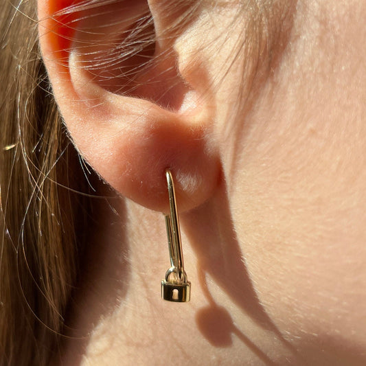Solid Gold Padlock Dangle Earring, Real Gold Rectangular Hoop Earring, Handmade Premium Fine Jewelry By Selanica