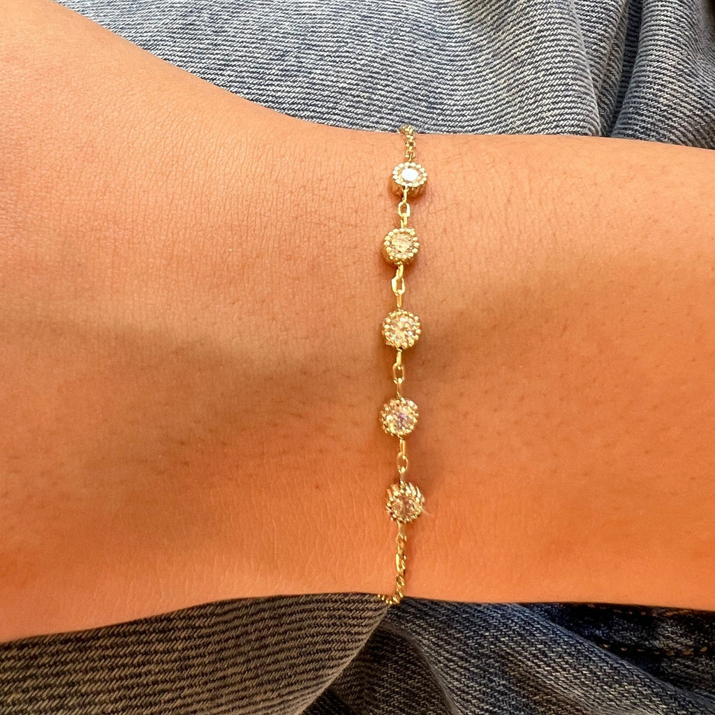 Solid Gold Bezel Bracelet, Dainty Chain Bracelet, Real Gold 5 Stone Bracelet For Her, Handmade Fine Jewelry by Selanica